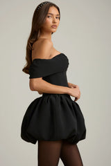 Off-Shoulder Layered Bubble Hem Corset Mini Dress in Black