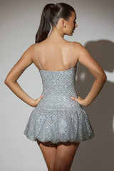 Embellished Bubble Hem Mini Dress in Silver