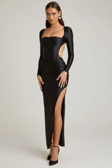 Pearl-Detail Cut-Out Maxi Dress in Black