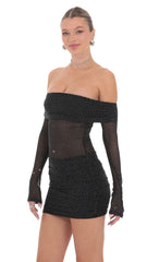 Rhinestone Mesh Off Shoulder Dress in Black