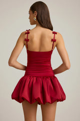 Bow-Detail Ruched Bubble Hem Mini Dress in True Red