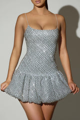 Embellished Bubble Hem Mini Dress in Silver