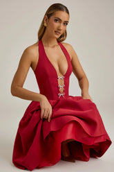 Halterneck Bow-Detail Midi Dress in True Red