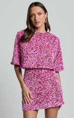 Reah Two Piece Set - Tie Back Top and High Waisted Sequin Mini Skirt in Pink