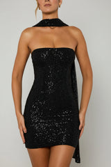 Embellished Scarf-Detail Mini Dress in Black