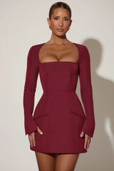 Square-Neck Structured Tulip Mini Dress in Wine Red