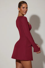 Square-Neck Structured Tulip Mini Dress in Wine Red