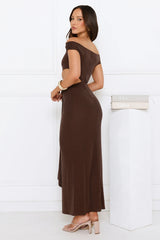 Old Love Letter Off Shoulder Maxi Dress Brown