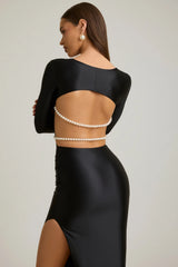 Pearl-Detail Cut-Out Maxi Dress in Black