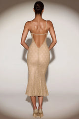 Metallic Lace Plunge Backless Midaxi Dress in Gold