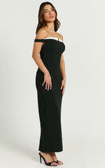 Raquel Midi Dress - Off The Shoulder Contrast Neck Detialing Dress in Black