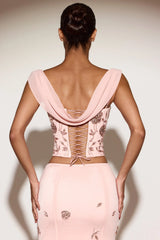 Embellished Draped Lace-Up Corset Top in Pink