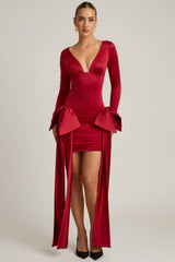 Bow-Detail Ruched Mini Dress in True Red