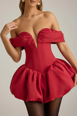 Off-Shoulder Layered Bubble Hem Corset Mini Dress in True Red