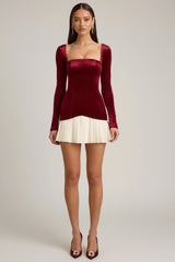 Layered Pleated Corset Mini Dress in Wine Red