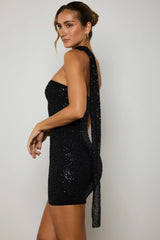 Embellished Scarf-Detail Mini Dress in Black