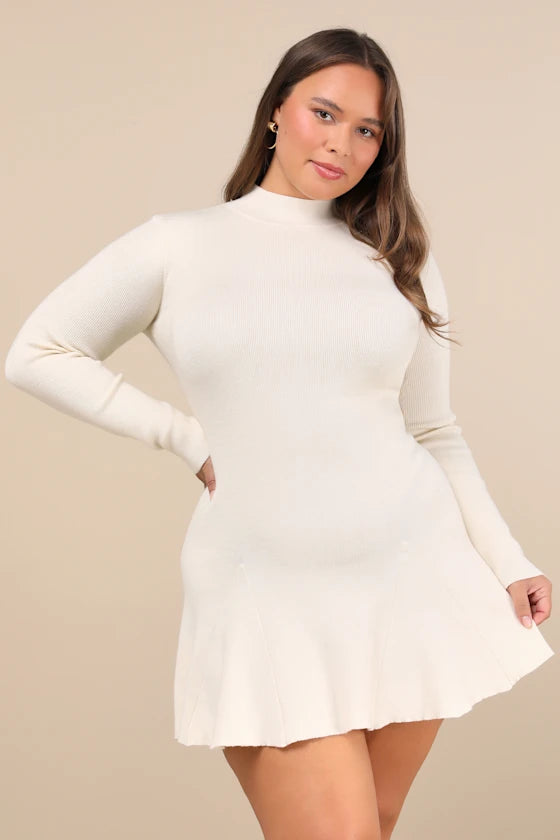 Adorable Intentions Ivory Mock Neck A-Line Mini Sweater Dress