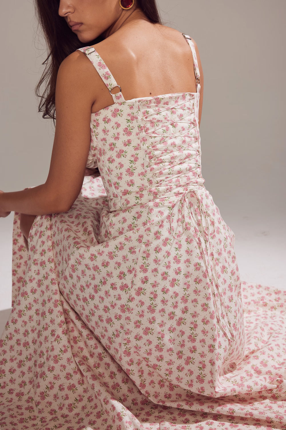 white rosebud print cotton bustier sundress