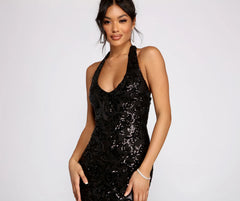 Haven Formal Sequin Scroll Halter Dress