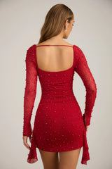 Embellished Cowl-Neck Draped Mini Dress in True Red