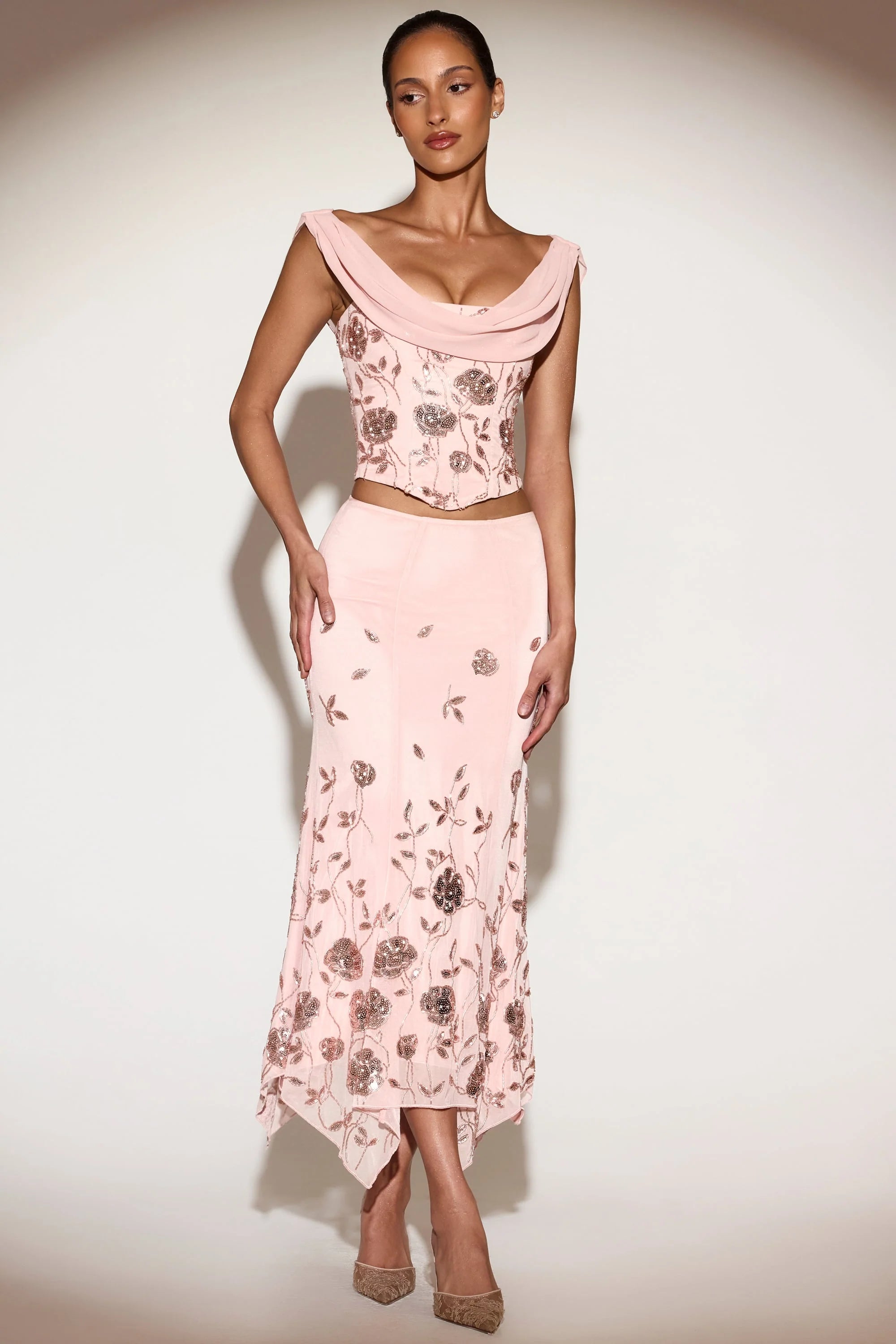 Embellished Hanky Hem Midaxi Skirt in Pink