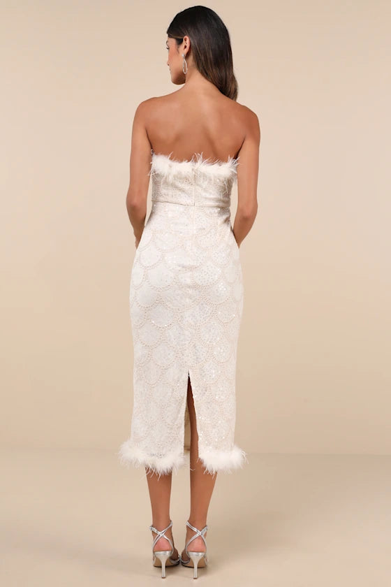 Uniquely Confident Cream Lace Feather Strapless Midi Dress