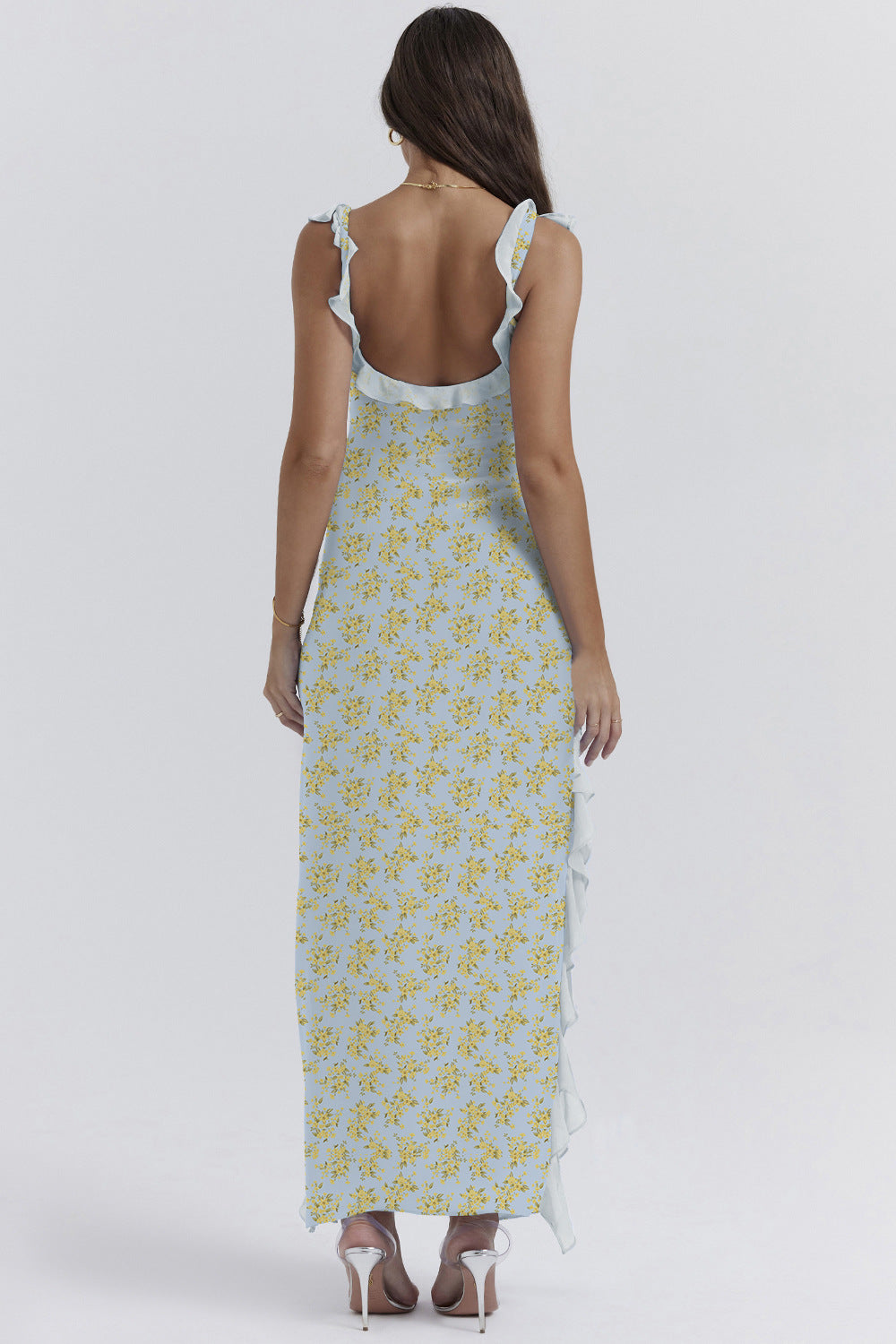 cherry ruffle maxi dress-blue flower
