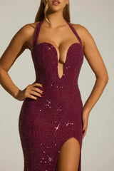 Embellished Halterneck Gown in Plum