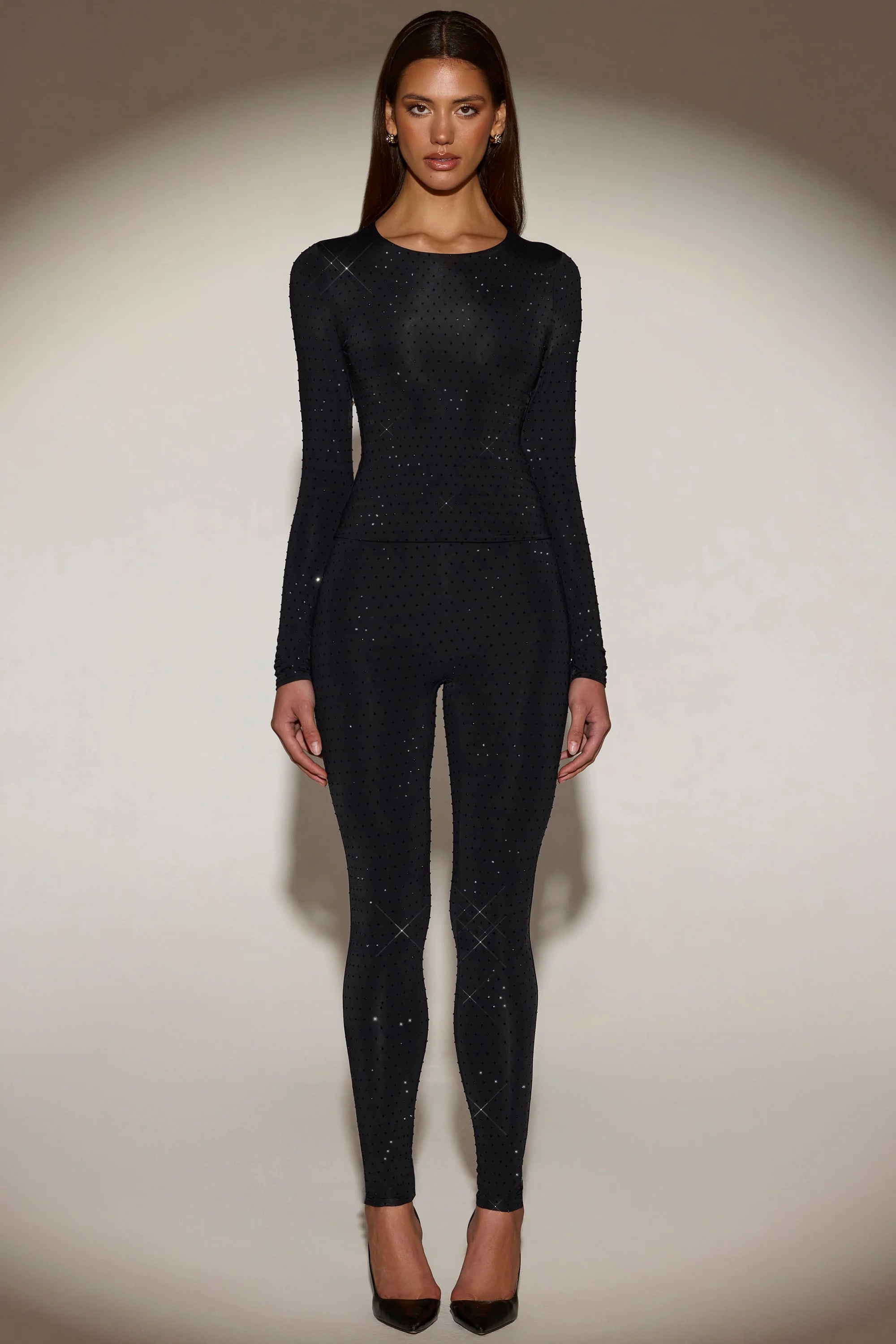 Embellished Long-Sleeve Top in Black