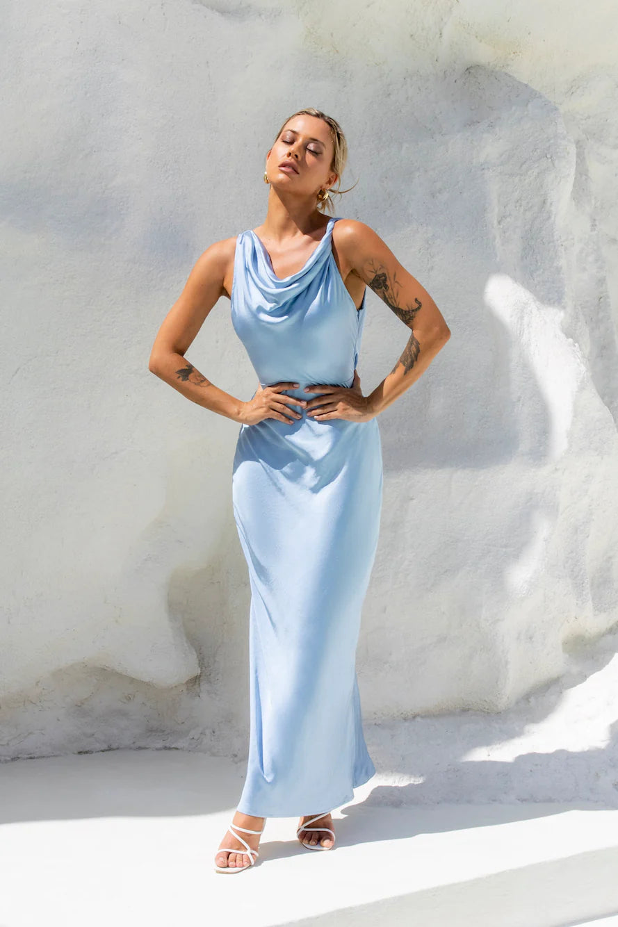Moonlit Palms Satin Maxi Dress Blue
