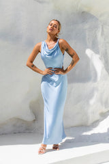 Moonlit Palms Satin Maxi Dress Blue