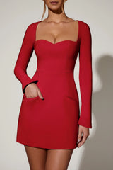 Sweetheart-Neck Long-Sleeve A-Line Mini Dress in Red