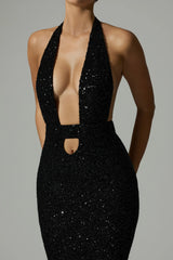 Embellished Cut-Out Open-Back Midaxi Dress in Black
