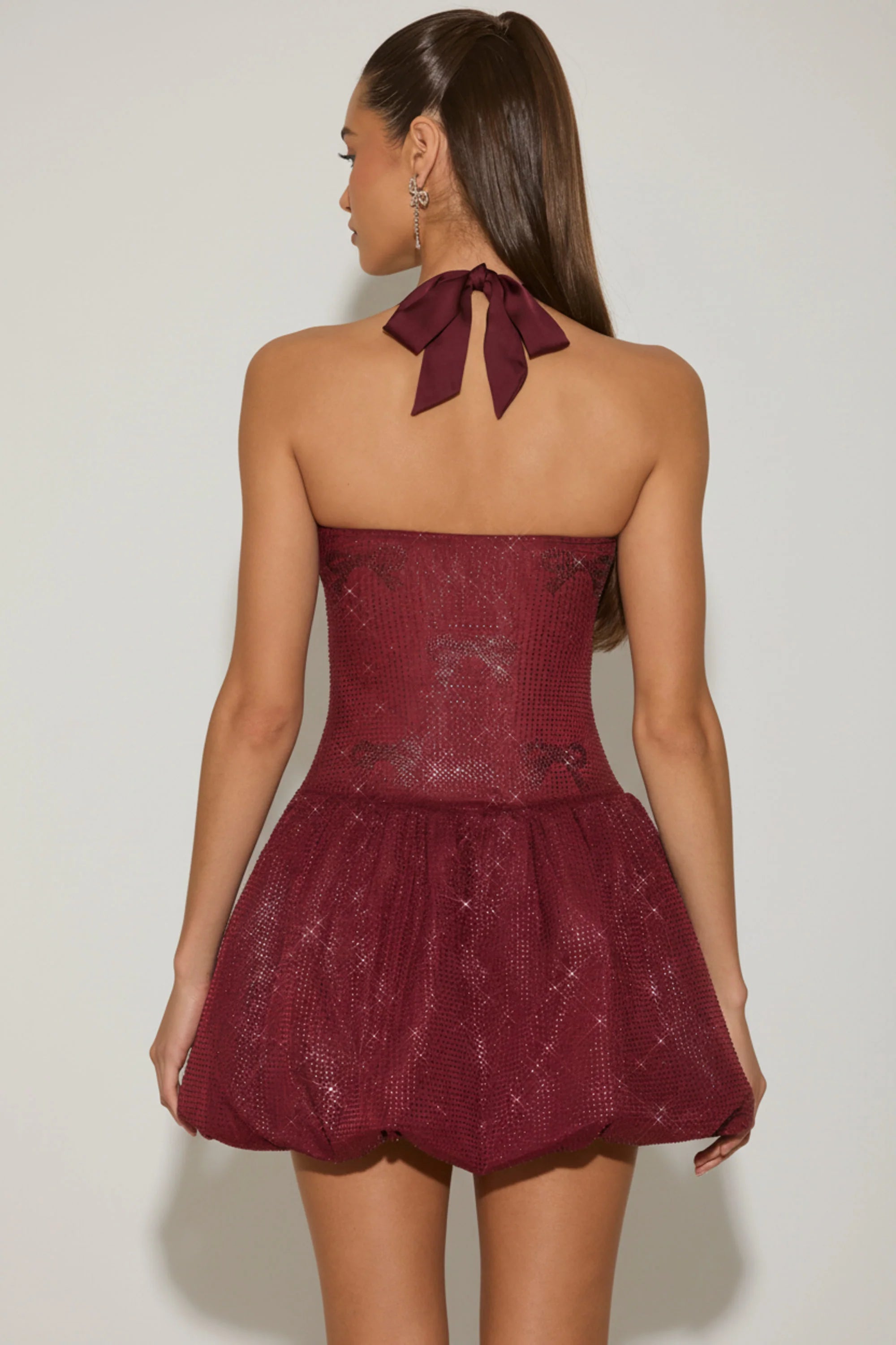 Embellished Halterneck Bubble Hem Mini Dress in Wine Red