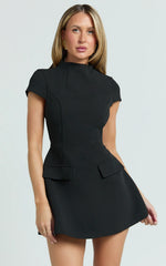 High Neck Cap Sleeve Tulip Skirt Dress in Black