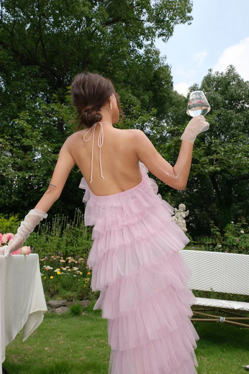 Formal Tulle Long Dress - Pink