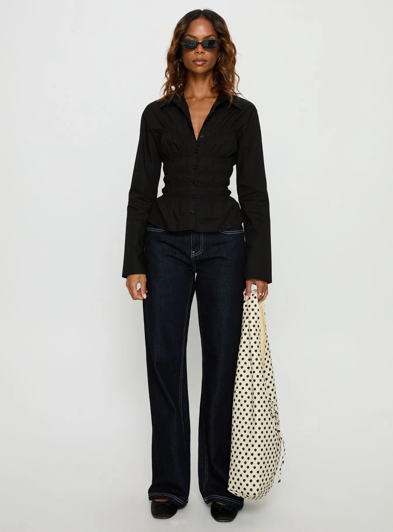 Liesel Shirred Long Sleeve Top Black