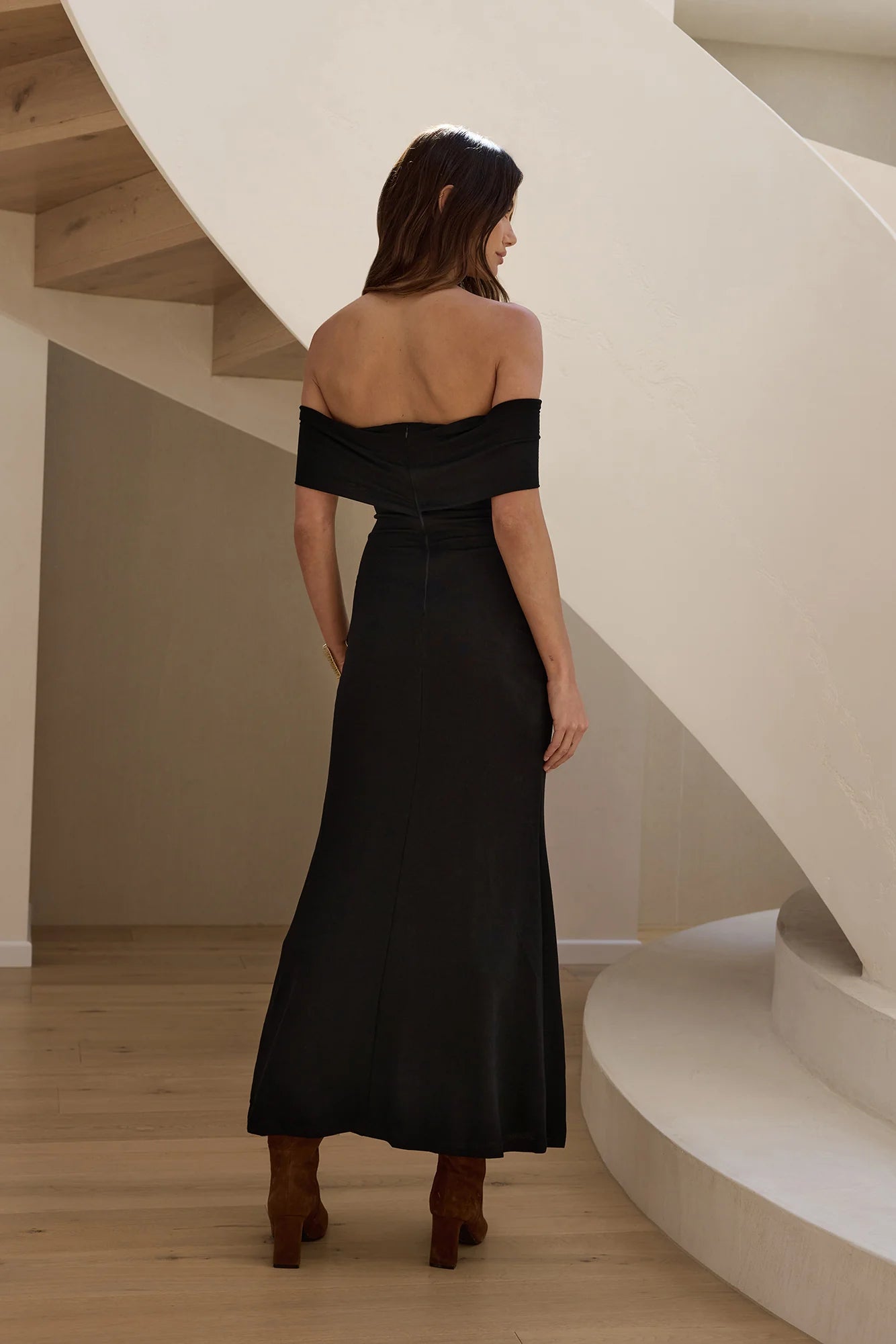 Martini Bloom Off Shoulder Knit Maxi Dress Black