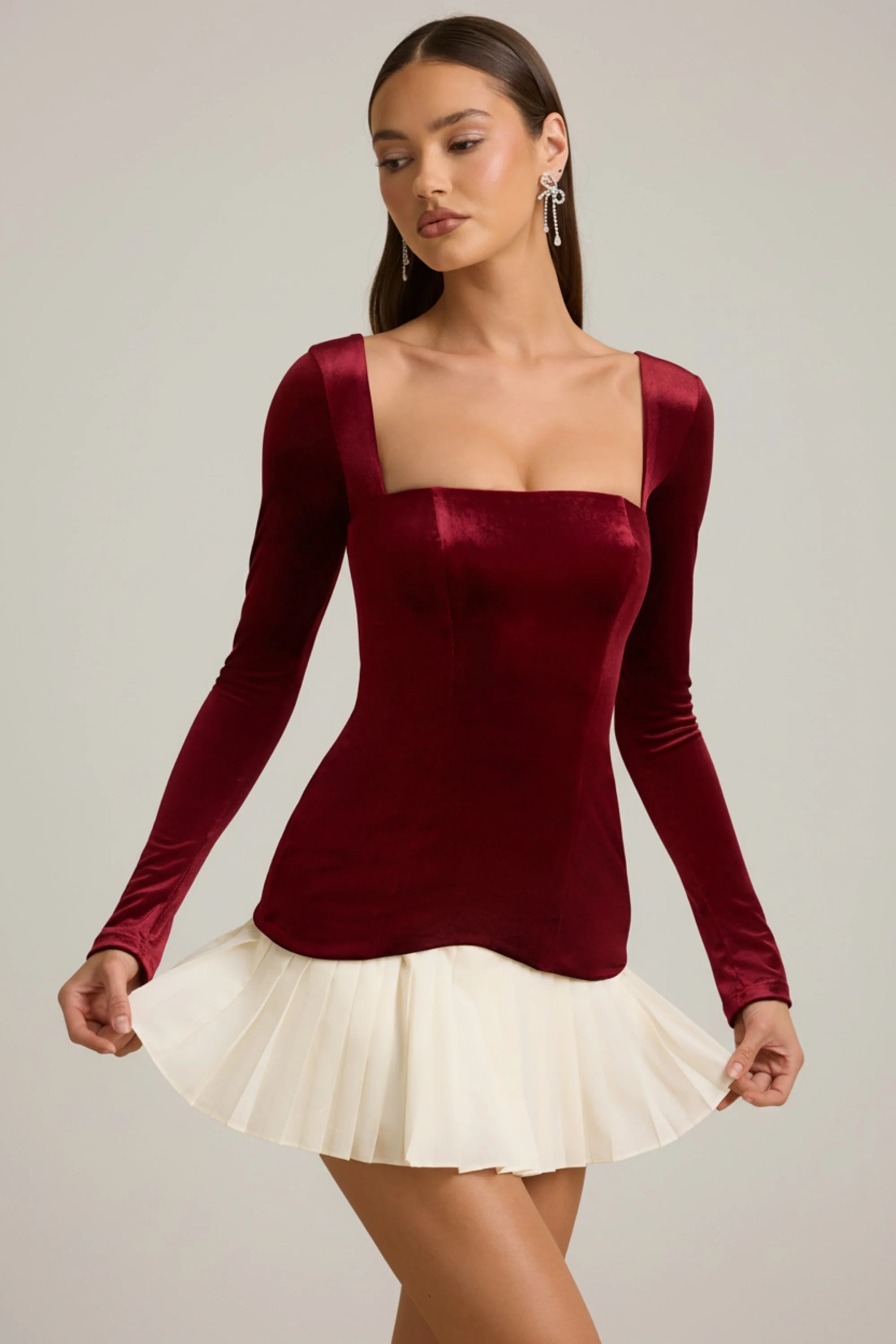 Layered Pleated Corset Mini Dress in Wine Red