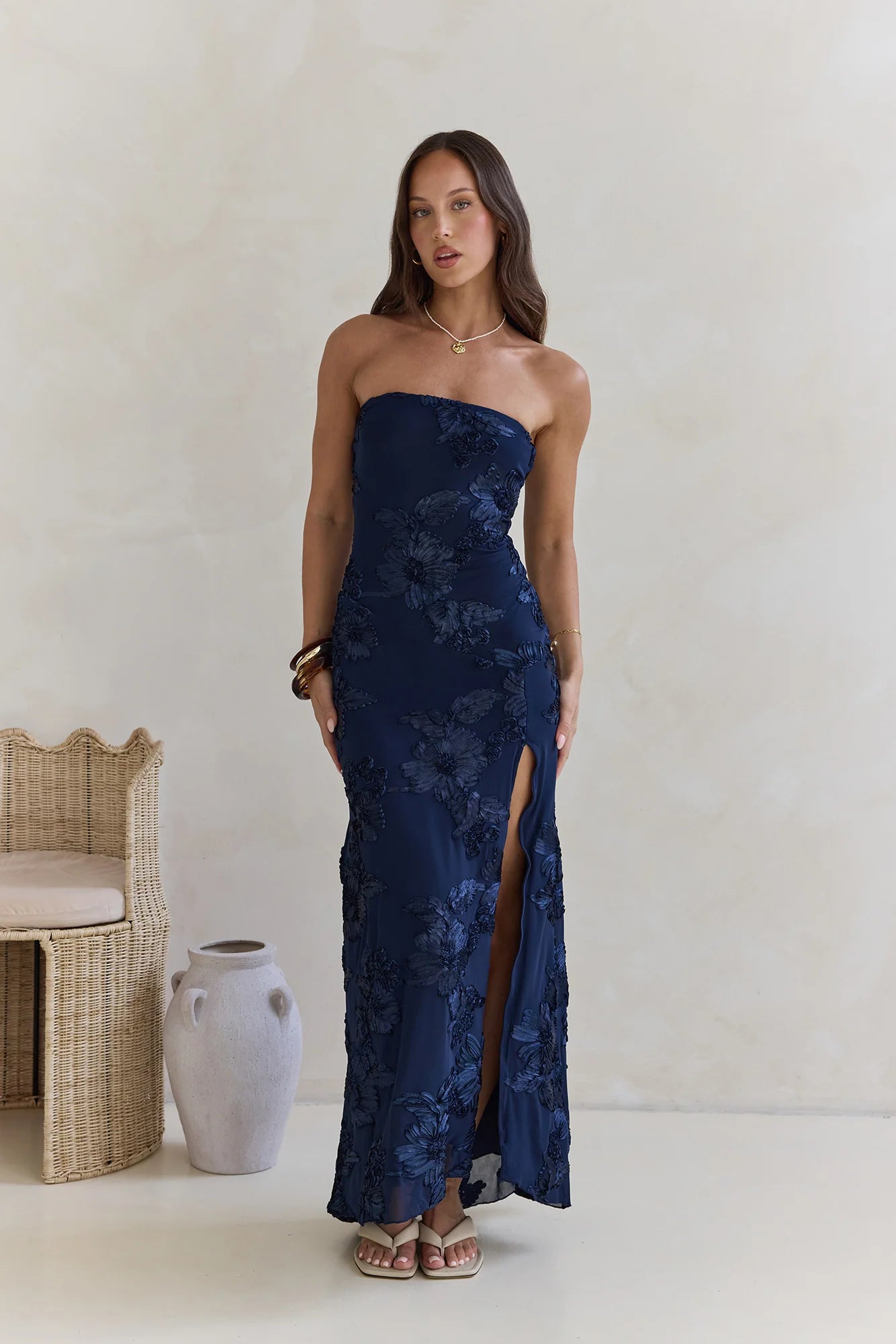 Under A Spell Strapless Mesh Maxi Dress Navy