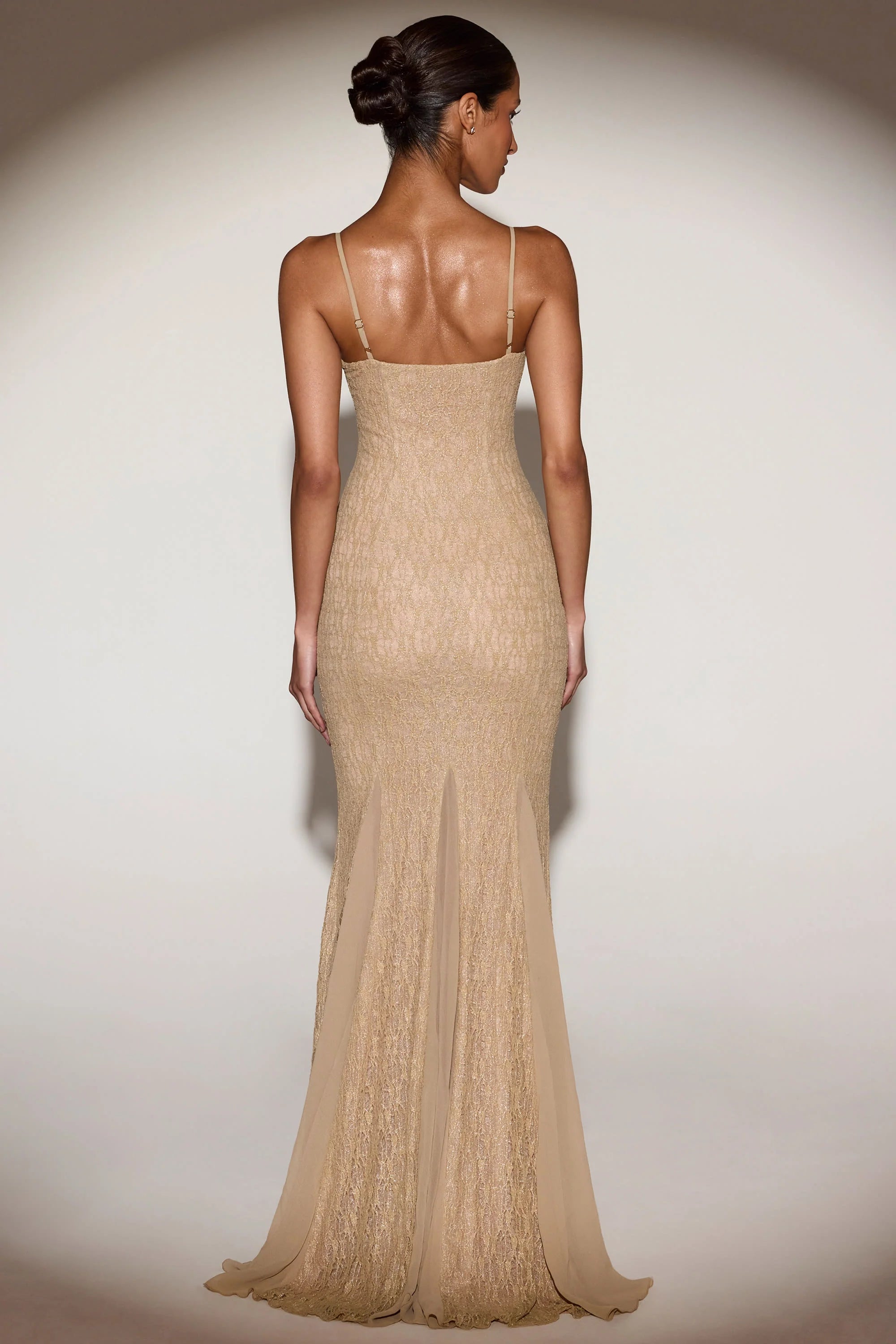 Metallic Lace Godet Gown in Gold