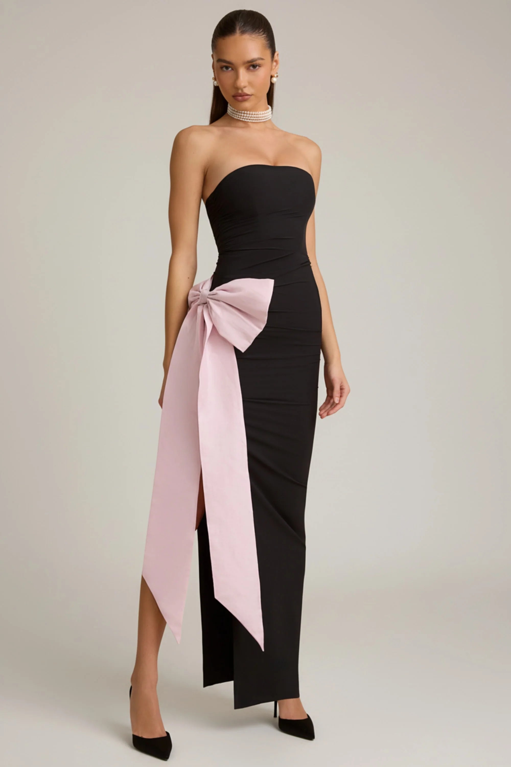 Strapless Bow-Detail Maxi Dress in Black