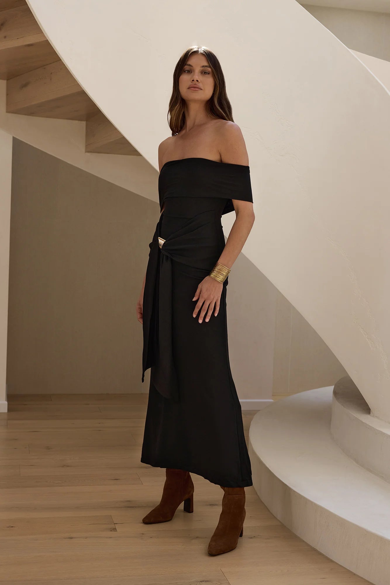Martini Bloom Off Shoulder Knit Maxi Dress Black