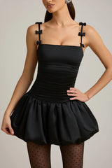 Bow-Detail Ruched Bubble Hem Mini Dress in Black