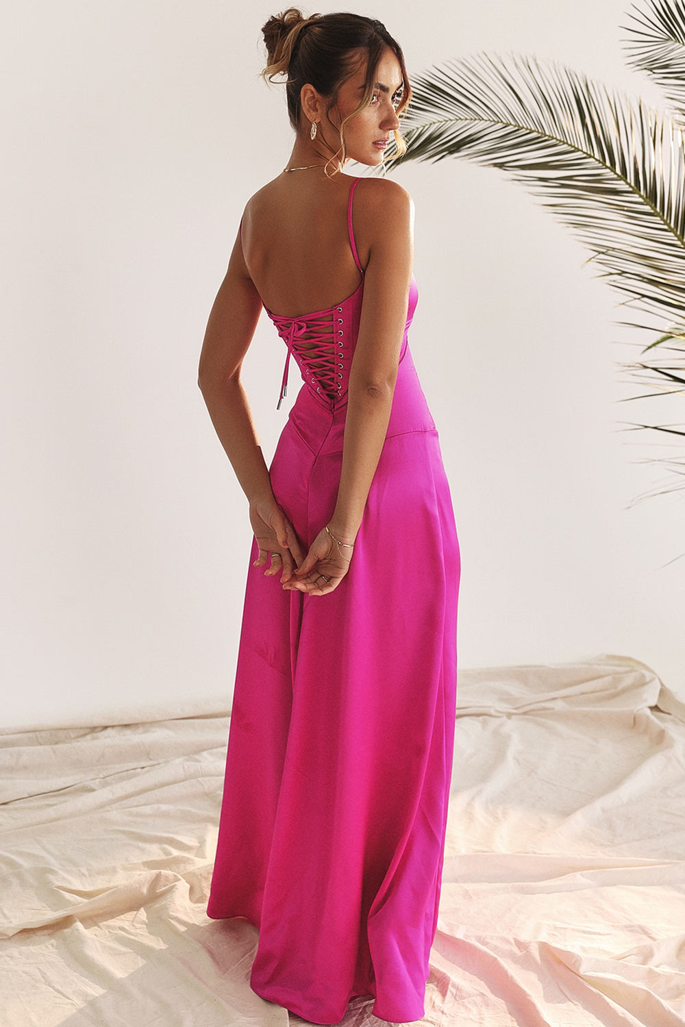 fuchsia lace up maxi dress