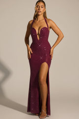 Embellished Halterneck Gown in Plum