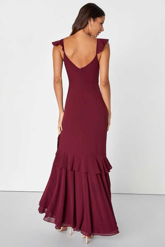 Charming Event Burgundy Asymmetrical Ruffled Maxi Dress