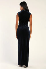 Alluring Image Navy Blue Ruched Velvet Mock Neck Maxi Dress