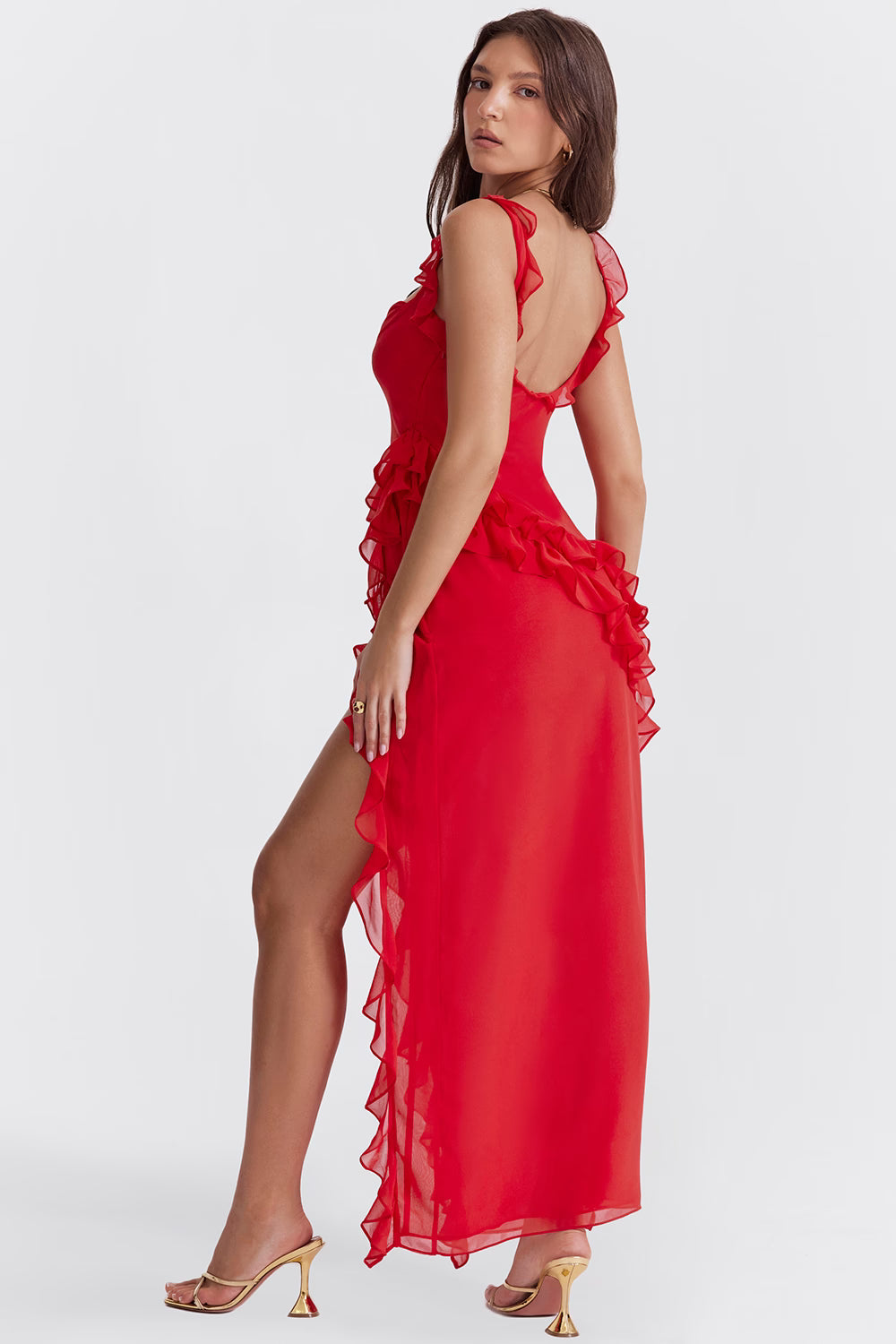 cherry ruffle maxi dress-red
