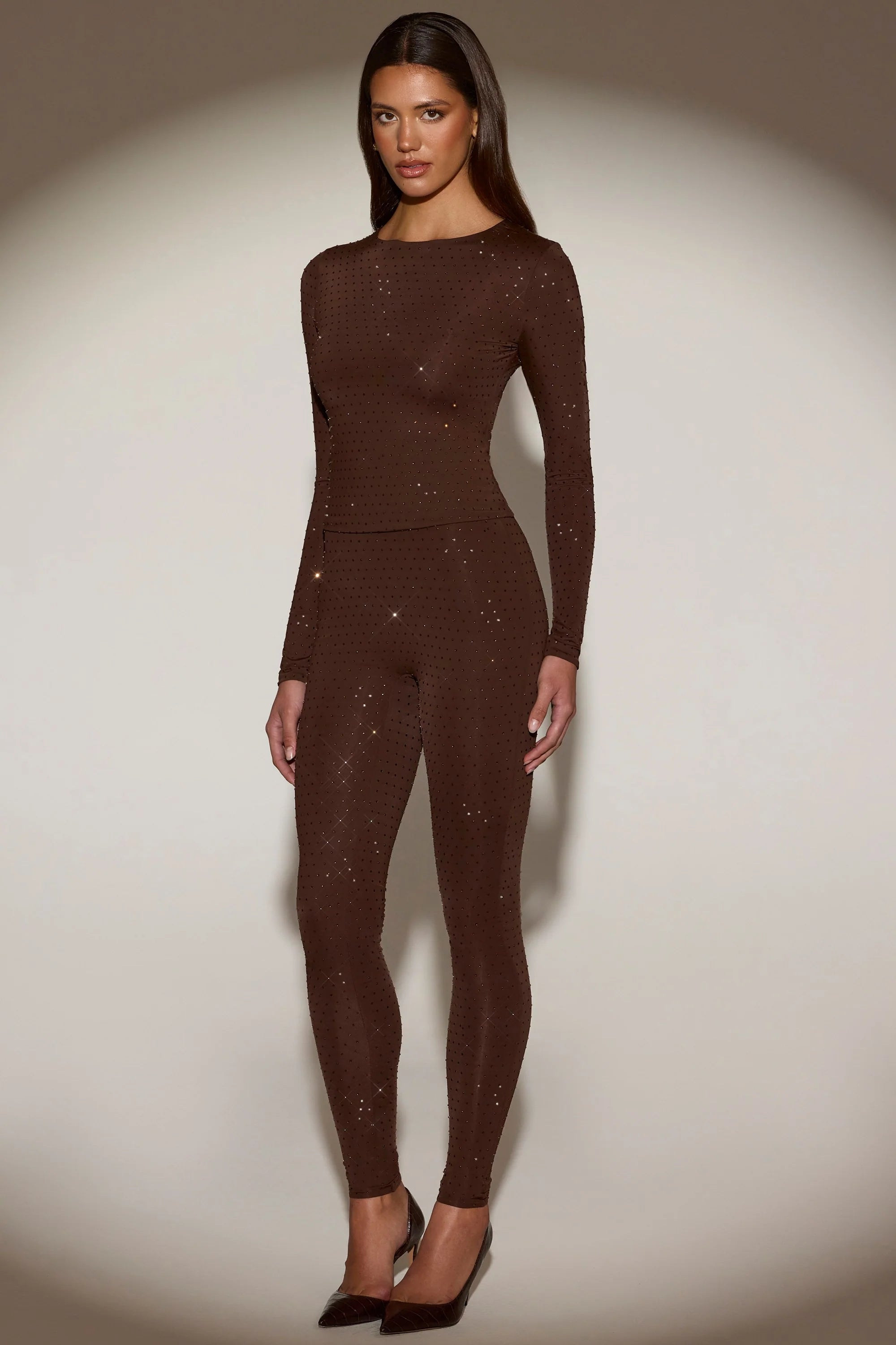 Embellished High-Waisted Leggings in Chocolate Brown